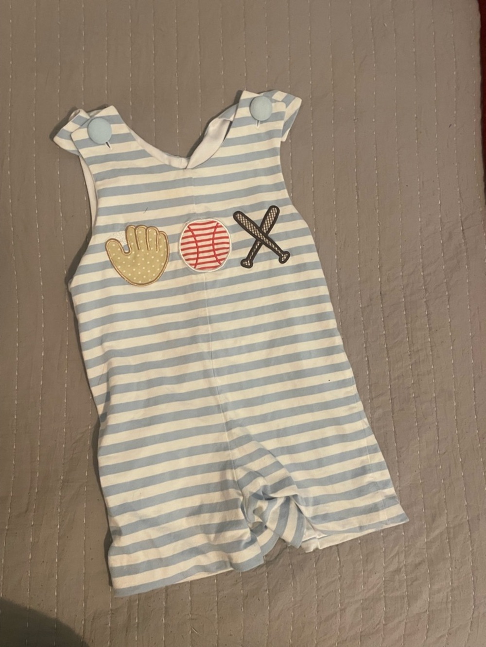 Baby Stripe Romper with Baseball Appliqués - Light Blue & White